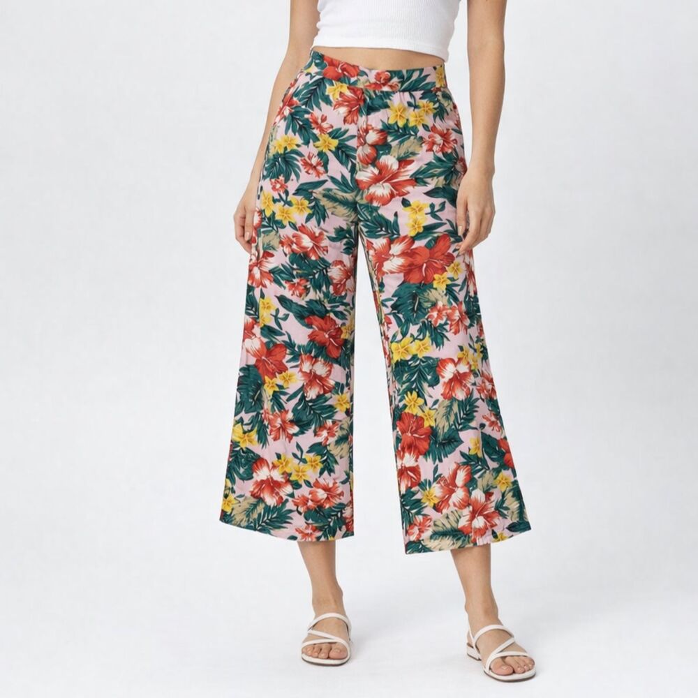 Anthropologie XIX Palms Pants Womens 2 Pink Floral Wide Leg High Rise Tropical